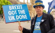 'Брекзит сбил страну с ног!' - активист, выступающий за возвращение в ЕС, перед Вестминстерским дворцом в Лондоне, 12 июня 2024 года. (© picture-alliance/Sipa USA/Sopa Images)