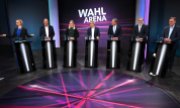 TV debate with the lead candidates in Thuringia. The AfD leads with about 30 per cent in pre-election polling. (© picture alliance/dpa/Martin Schutt)