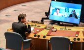 Anthropic CEO Dario Amodei (on the left of the screen) and Hugging Face CEO Clement Delangue took part in the UN Security Council meeting virtually, while OpenAI CEO Sam Altman attended in person. (© picture alliance / abaca / CNP/ABACA)